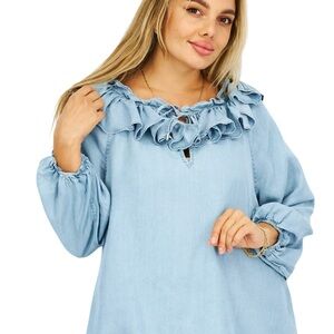 Lauren Ralph Lauren Light Blue Ruffle Neck Women's Top New with Tags